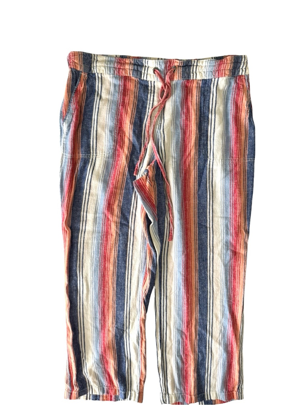 Per Se Linen Blend Striped Crop Pants XL Coastal Beach Drawstring Pull On